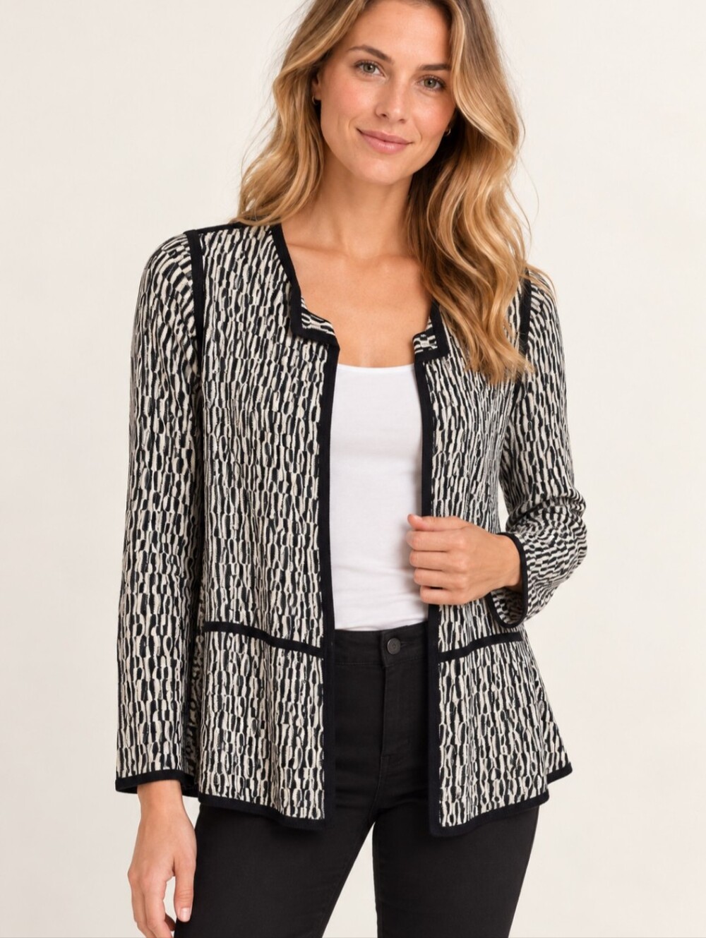 Sigrid Olsen NWT XS Silk Open Black Cream Geometric Cardigan Lightweight